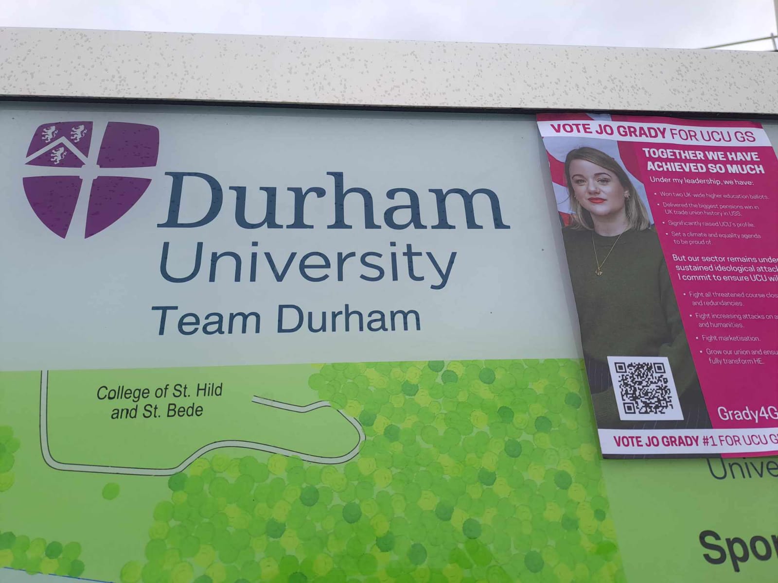 Grady4GS leaflet stuck up on a large map of Durham University